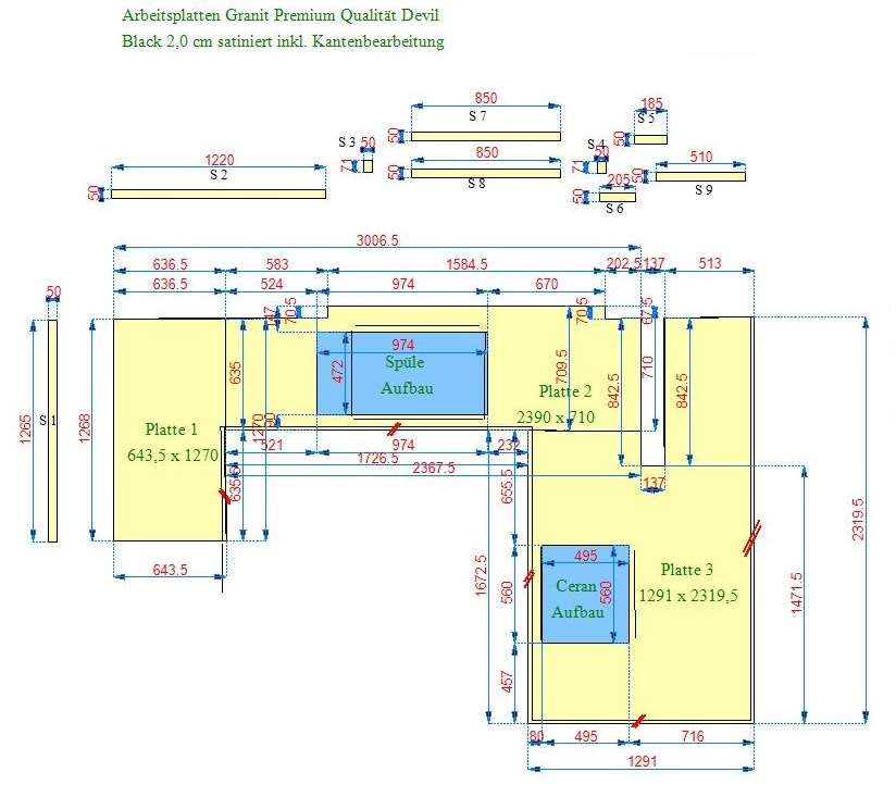 CAD Zeichnung der Granit Arbeitsplatten Devil Black für die IKEA Küche CAD Zeichnung der Granit Arbeitsplatten Devil Black für die IKEA Küche