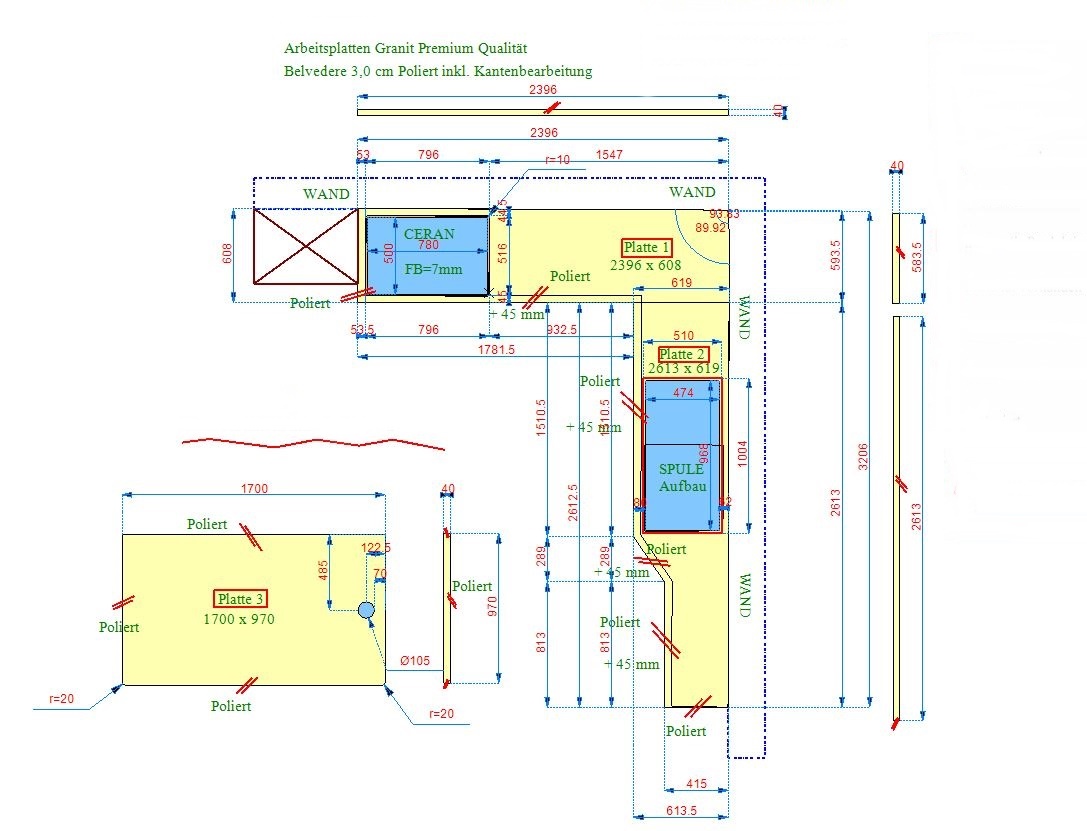 CAD Zeichnung der Granit Arbeitsplatten und Tischplatte Belvedere