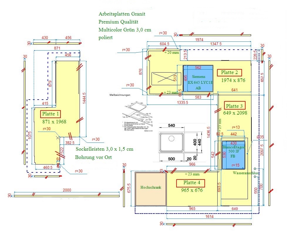 CAD Zeichnung der Granit Arbeitsplatten und Wischleisten Multicolor Grün
