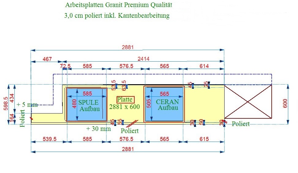 CAD Zeichnung der Granit Arbeitsplatte Multicolor Grün