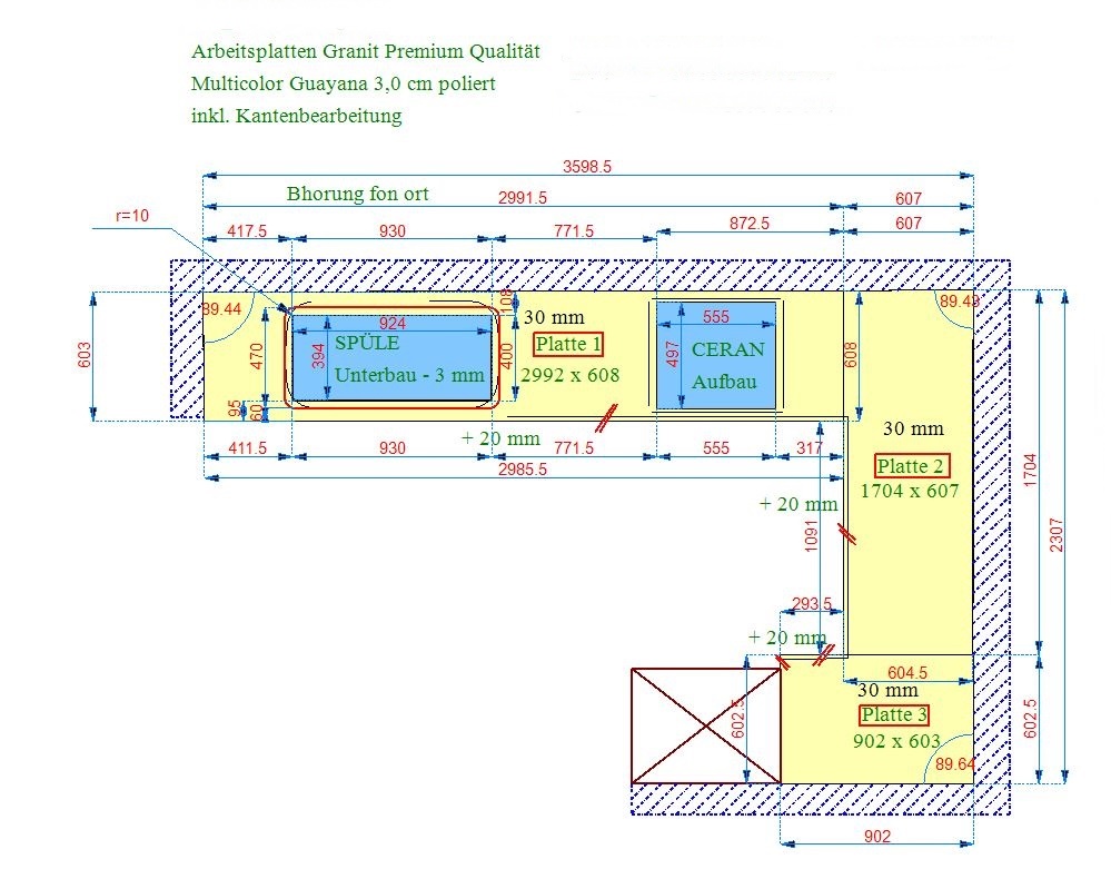 CAD Zeichnung der Multicolor Guayana Granit Arbeitsplatten