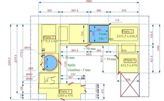 CAD Zeichnung der vier Silestone Arbeitsplatten