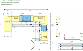 CAD Zeichnung der vier Arbeitsplatten aus Granit