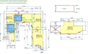 CAD Zeichnung der fünf Granit Arbeitsplatten