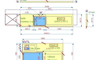 CAD Zeichnung der zwei Granit Arbeitsplatten