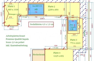CAD Zeichnung der Granit Arbeitsplatten und Wischleisten Impala Scuro