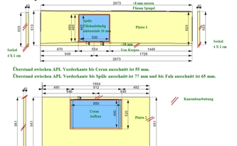 CAD Zeichnung der zwei Arbeitsplatten und vier Wischleisten