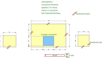 CAD Zeichnung der drei Caesarstone Arbeitsplatten