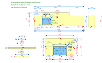 CAD Zeichnung der drei Granit Arbeitsplatten