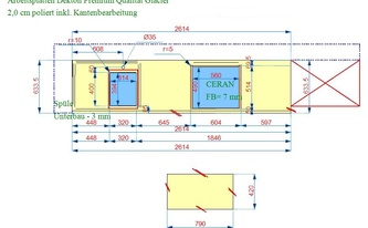 CAD Zeichnung der Arbeitsplatten aus Dekton