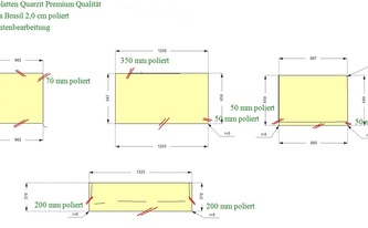 CAD Zeichnung der 3 Quarzit Arbeitsplatten und eine Quarzit Fensterbank