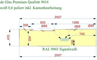 CAD Zeichnung der Glasrückwand in der Farbe Verkehrsweiß