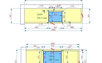 CAD Zeichnung der zwei Dekton Arbeitsplatten mit flächenbünigen Ausschnitten