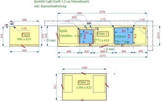 CAD Zeichnung der Keramik SapienStone Arbeitsplatten und Seitenwange