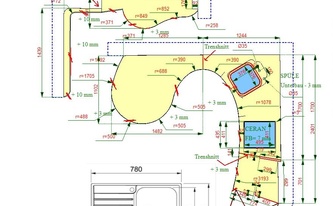 CAD Zeichnung der drei Arbeitsplatten und Ablagen