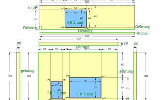 Zeichnung der zwei Laminam Arbeitsplatten und Blenden