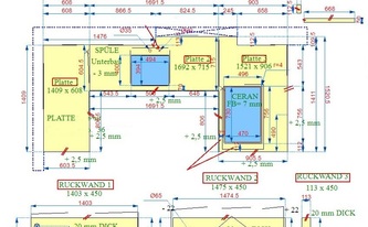 Skizze der in Frankfurt am Main montierten Granit Arbeitsplatten und Rückwände