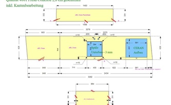 CAD Zeichnung der drei Arbeitsplatten und Fensterbank 
