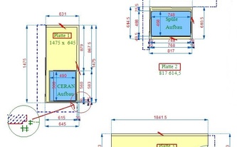 CAD Zeichnung der drei Granit Arbeitsplatten