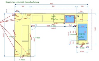 CAD Zeichnung der drei Arbeitsplatten aus Granit