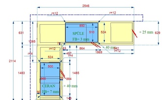 CAD Zeichnung der zwei Caesarstone Arbeitsplatten