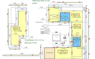 CAD Zeichnung der Granit Arbeitsplatten und Wischleisten Multicolor Grün