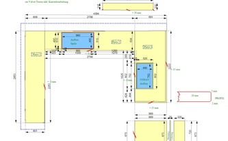 CAD Zeichnung der Dekton Arbeitsplatten, Seitenwangen, Fensterbank und Rückwände