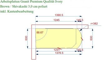 CAD Zeichnung der Granit Arbeitsplatte und Wischleisten