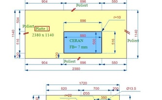 Zeichnung der Granit Alexander Black Arbeitsplatten in 3 cm Stärke