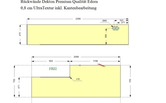 CAD Zeichnung der zwei Rückwände aus Dektonin Köln