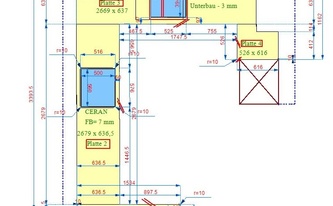 CAD Zeichnung der vier Arbeitsplatten aus Granit