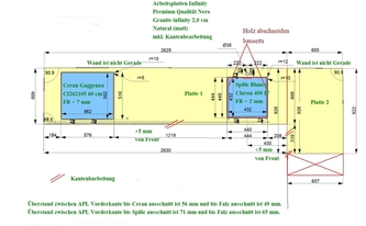 Zeichnung der L-Küche mit Infinity Arbeitsplatten