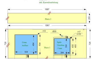 CAD Zeichnung der Arbeitsplatte und Rückwand aus Porcelanosa