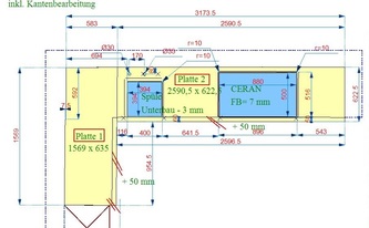 CAD Zeichnung der Arbeitsplatten aus Schiefer