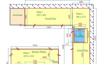 CAD Zeichnung der Siletone Arbeitsplatten Coral Clay und Caesarstone Arbeitsplatte Perfekt White