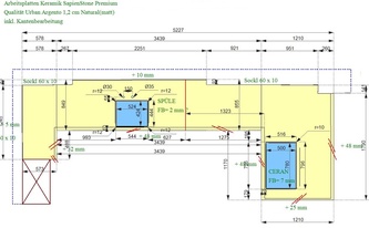 CAD Zeichnung der drei SapienStone Arbeitsplatten und sieben Wischleisten