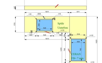 CAD Zeichnung der zwei Arbeitsplatten und Rückwand