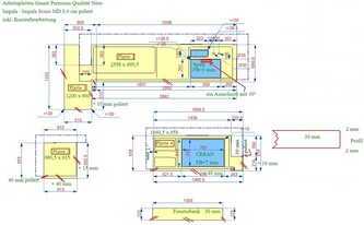 Technische Zeichnung der Arbeitsplatten und Fensterbank aus Granit