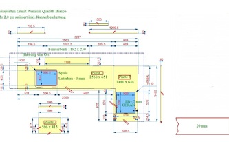CAD Zeichnung der Granit Arbeitsplatten, Rückwand, Fensterbank und Wischleisten