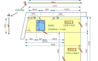 CAD Zeichnung der Santa Margherita Quarz Arbeitsplatten und Wischleisten