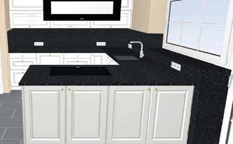 3D Zeichnung der Küche in Nümbrecht mit Granit Arbeitsplatten und Rückwänden