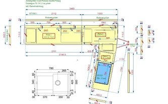 CAD Zeichnung der Granit Arbeitsplatten Padang Dunkelgrau TG 36 mit flächenbündigen Ausschnitt