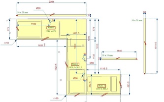 CAD Zeichnung der Granit Arbeitsplatten Padang Dunkelgrau TG 36 mit Bohrungen