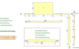 CAD Zeichnung der Dekton Fensterbank Rückwände und Wischleisten