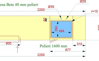 CAD Zeichnung der Granit Arbeitsplatte mit Unterbauausschnitt