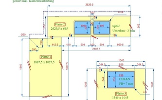 CAD Zeichnung der drei Caesarstone Arbeitsplatten