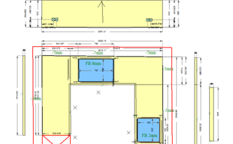 CAD Zeichnung der Laminam Arbeitsplatten, Rückwand, Wischleisten und Fensterbank