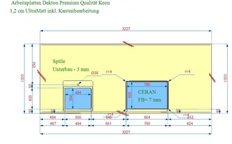 CAD Zeichnung der Dekton Arbeitsplatte mit zwei Ausschnitten