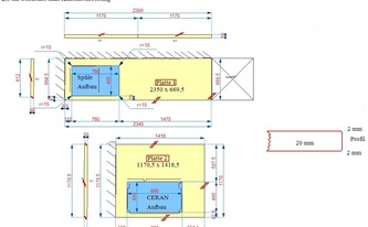 Technische Zeichnung der Dekton Arbeitsplatten und Sockelleisten