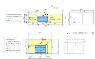 CAD Zeichnung der Silestone und Caesarstone Arbeitsplatten